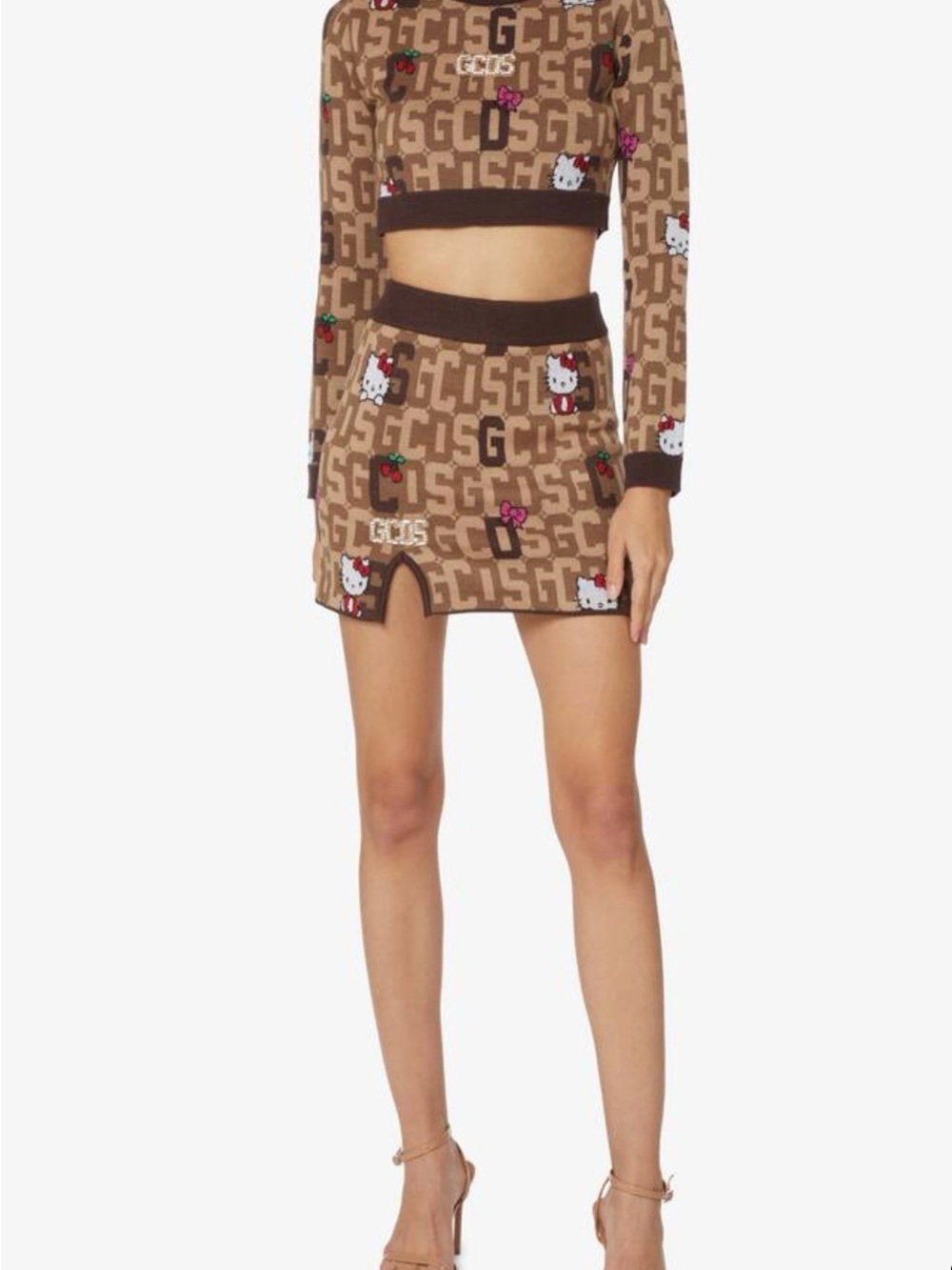 GCDS x Hello Kitty Brown Logo Knit Mini Skirt and Cropped Sweater Set in XS, New